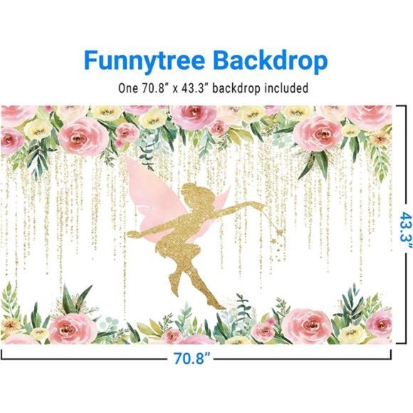 Floral Fairy Birthday Party Backdrop for Photography Pink and Gold Fairy Tale - Picture 3 of 5